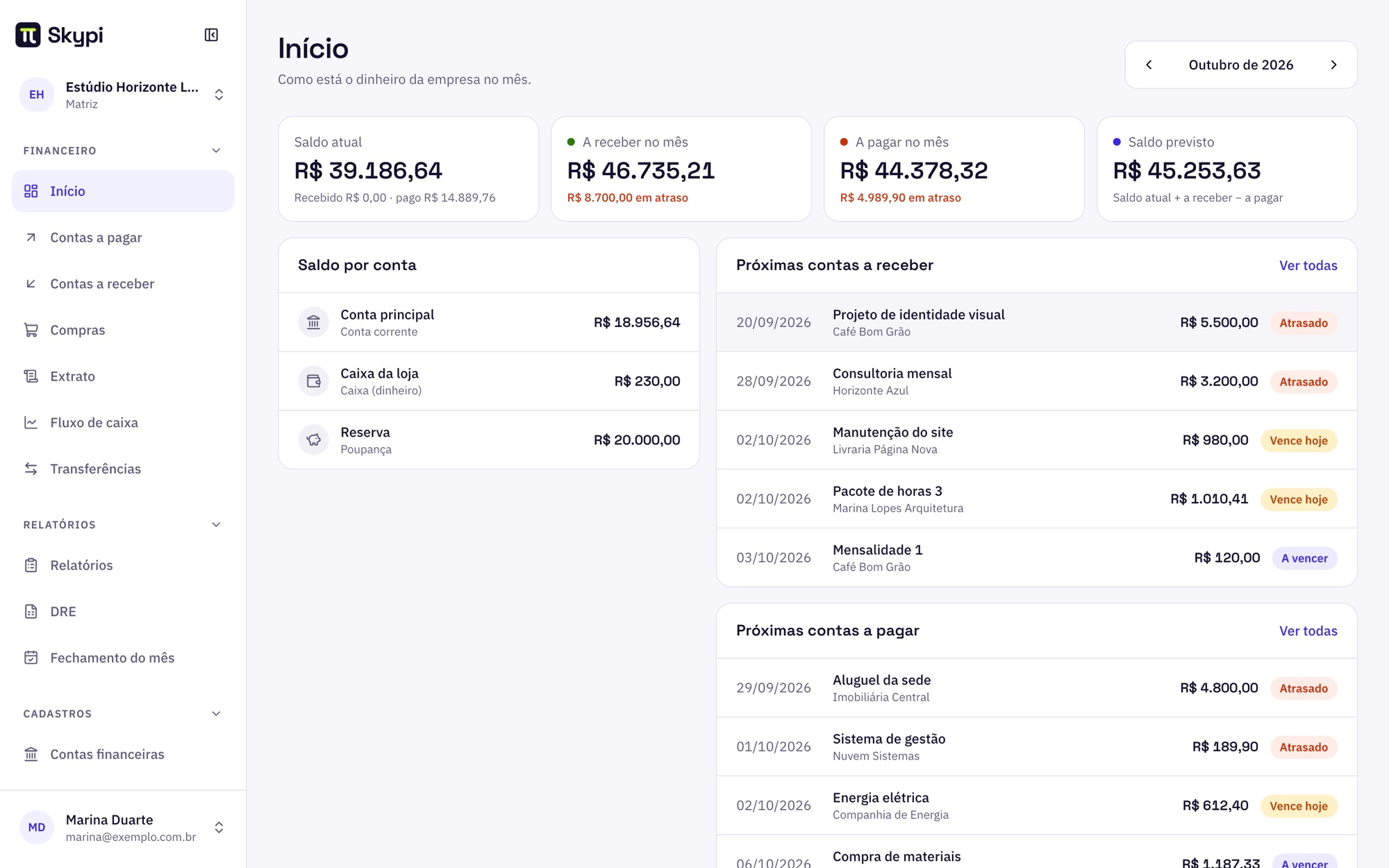 Tela Início do Skypi com saldo atual, contas a receber e a pagar do mês e saldo por conta